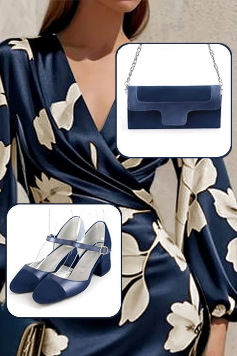 Women's navy blue and prussian blue elegant closed-back heels, with an instep strap. Round toe. Low flare heels - Worn view